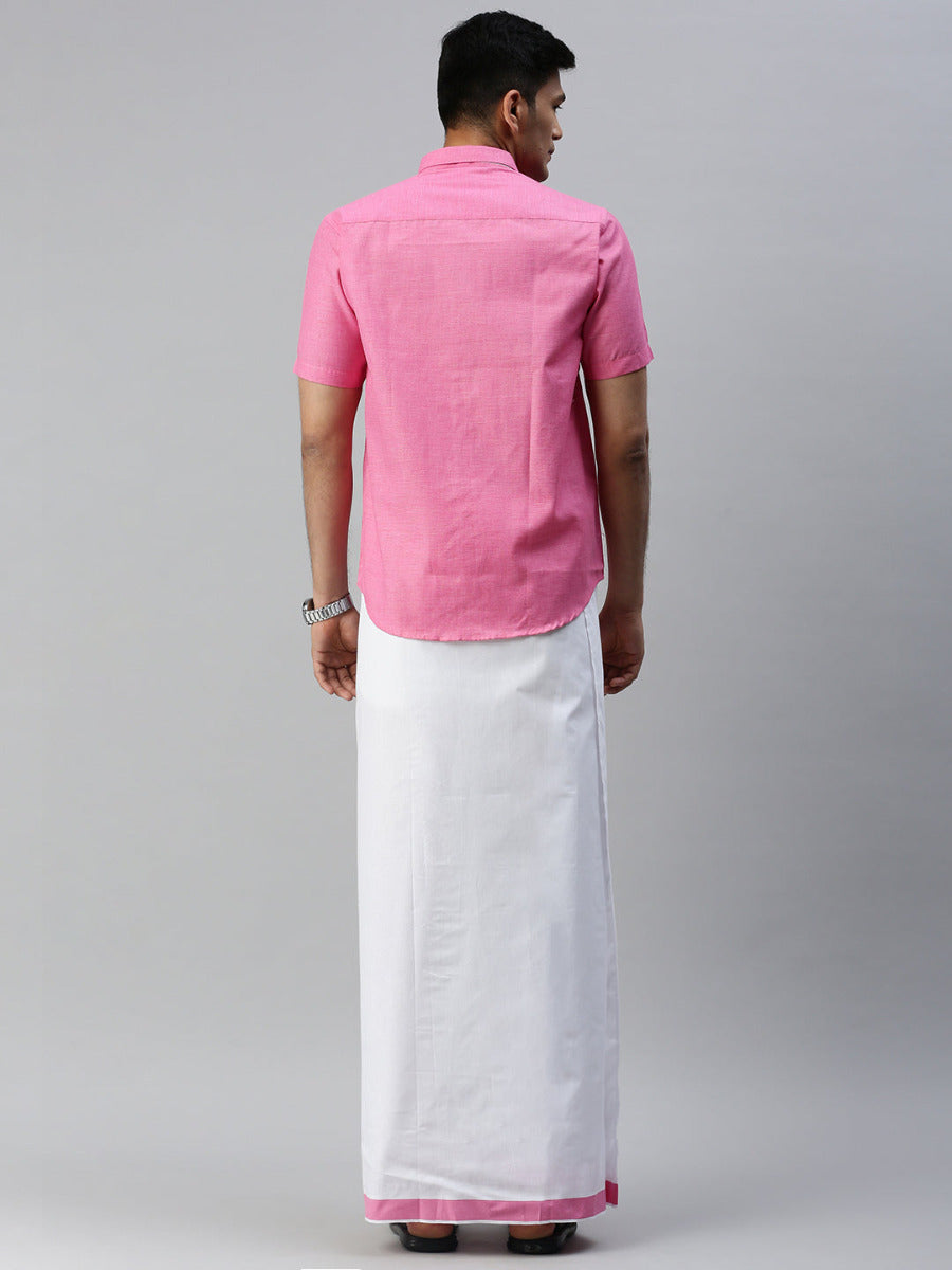 Mens Matching Border Adjustable Dhoti & Half Sleeves Shirt Set Pink CC10-Back view