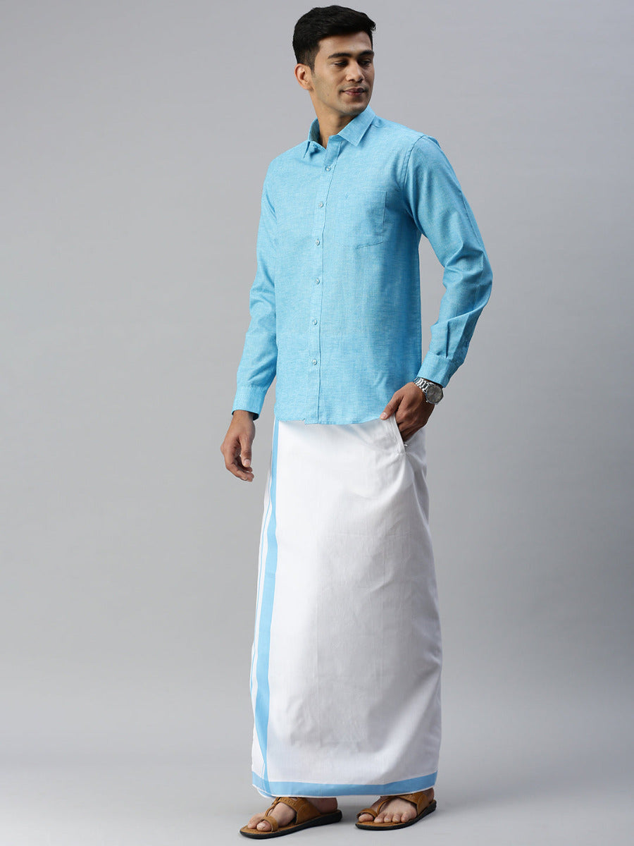 Mens Matching Border Adjustable Dhoti & Full Sleeves Shirt Set Blue CC5-Side view
