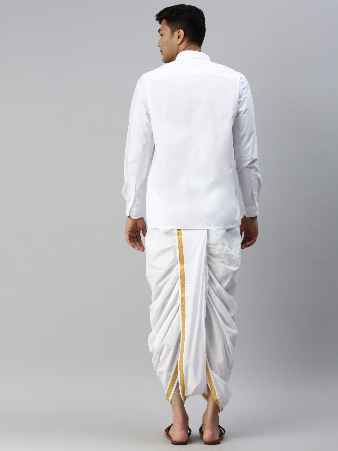 Mens White Shirt with Readymade Panchakacham Angavastram Set 3/4" Aashan-Back view