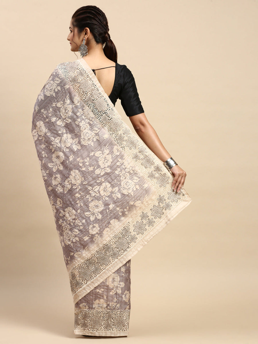 Womens Semi Tussar Woven Embroidery Saree Grey with Sandal STWE12-Back view
