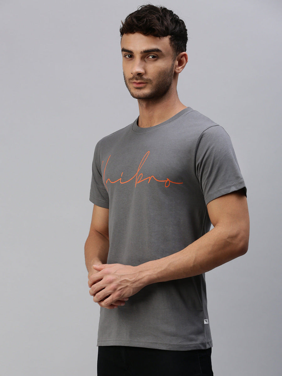 Graphic Printed Round Neck Casual T-Shirt Grey GT33-Side view
