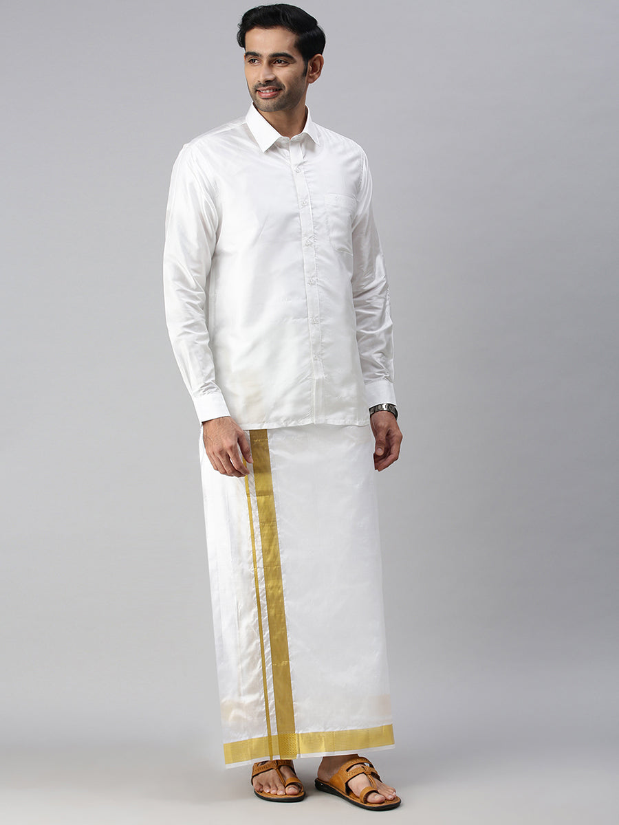 Mens Pure Silk White Double Dhoti with 2" Gold Jari Upasana-Full view