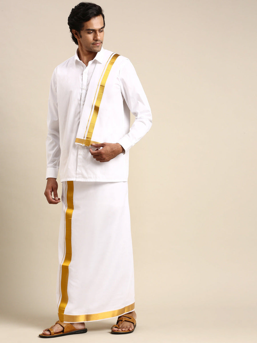 Mens Premium Wedding Cotton White Dhoti with shirt Bit & Towel Set-Side view