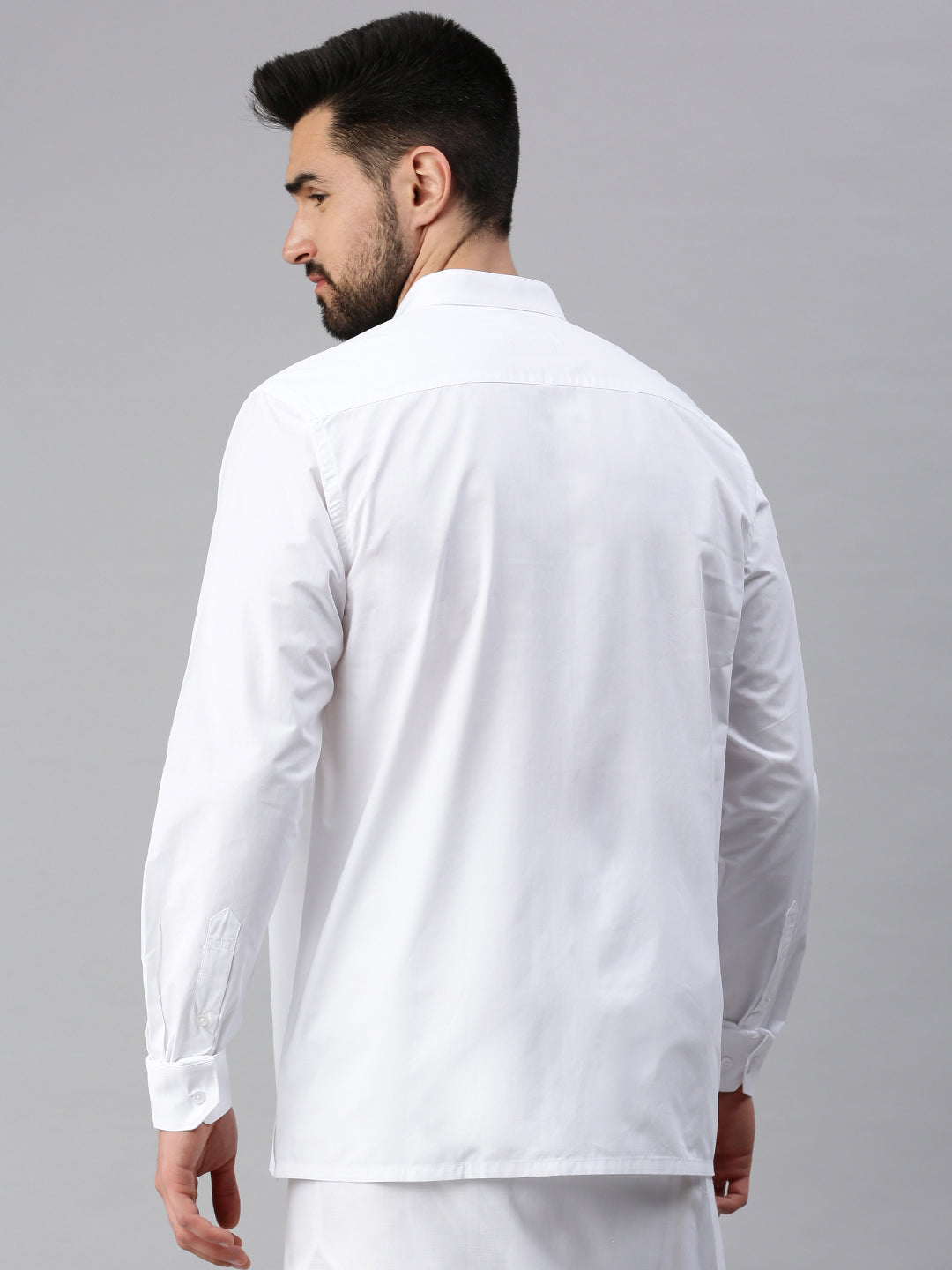 Mens 100% Cotton White Shirt Full Sleeves Plus Size Chinese Collar-Back view
