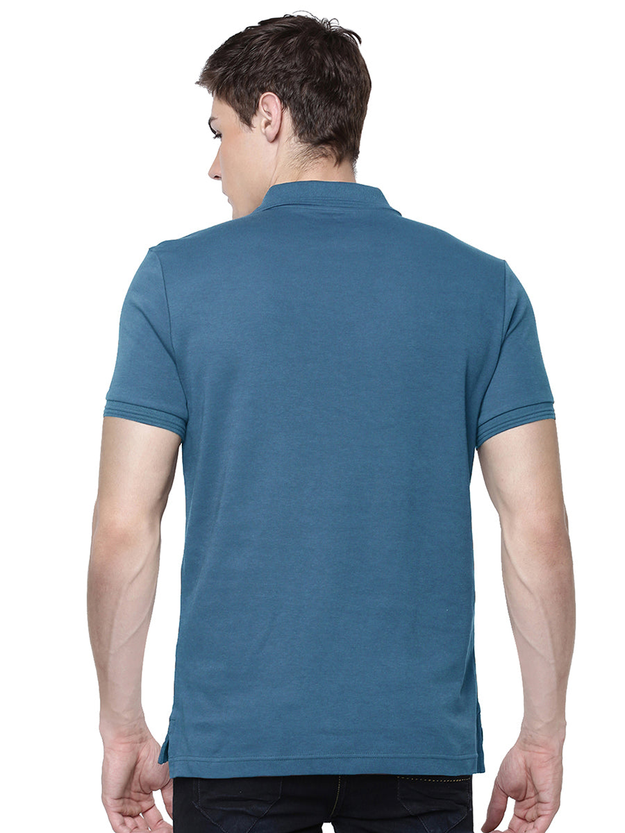 Super Combed Cotton Polo T-Shirt Peacock Blue with Chest Pocket-Back view