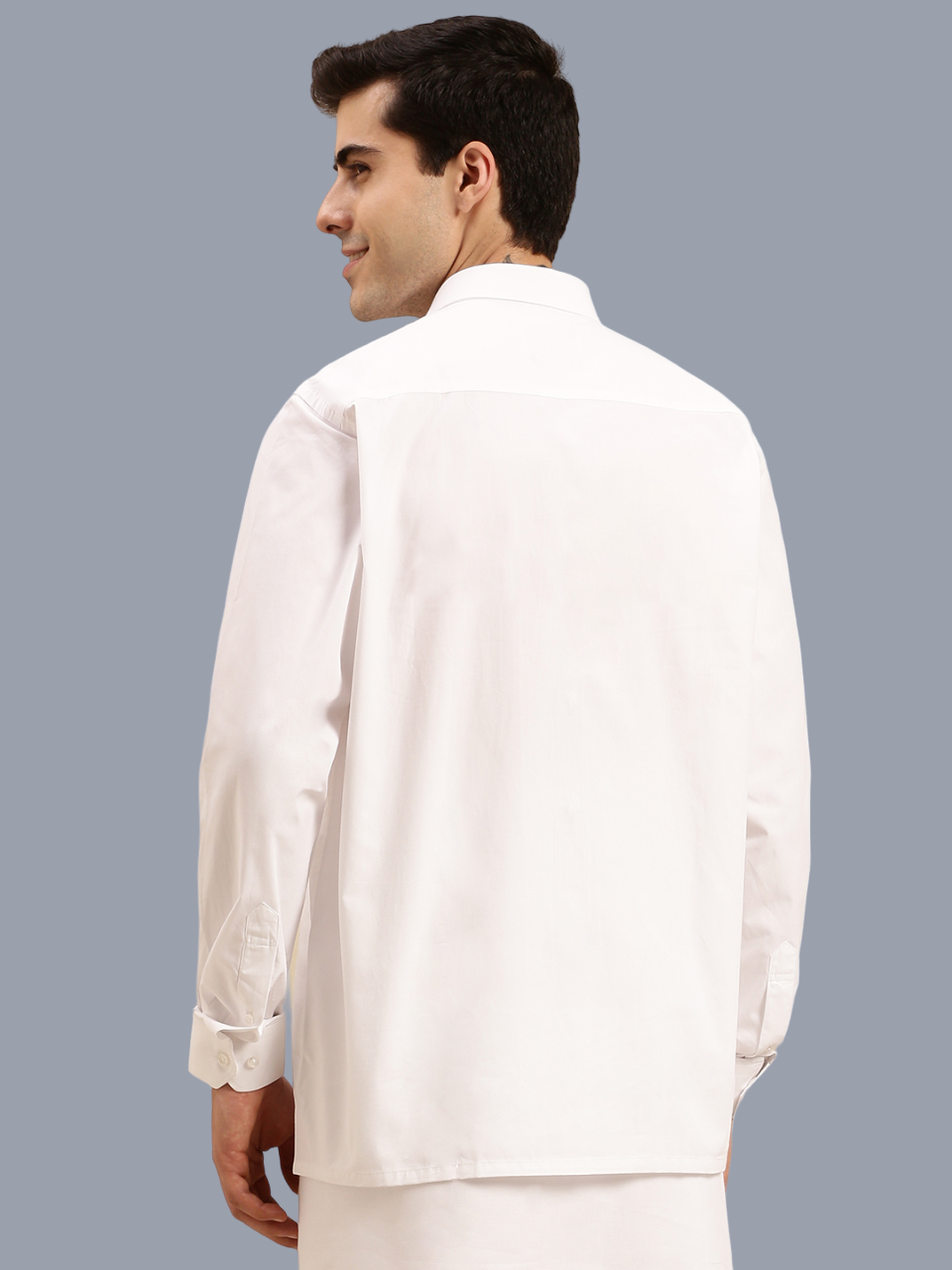 Mens Royal Cotton White Full Sleeves Shirt with 1'' Gold Jari Double Dhoti Combo-Back view