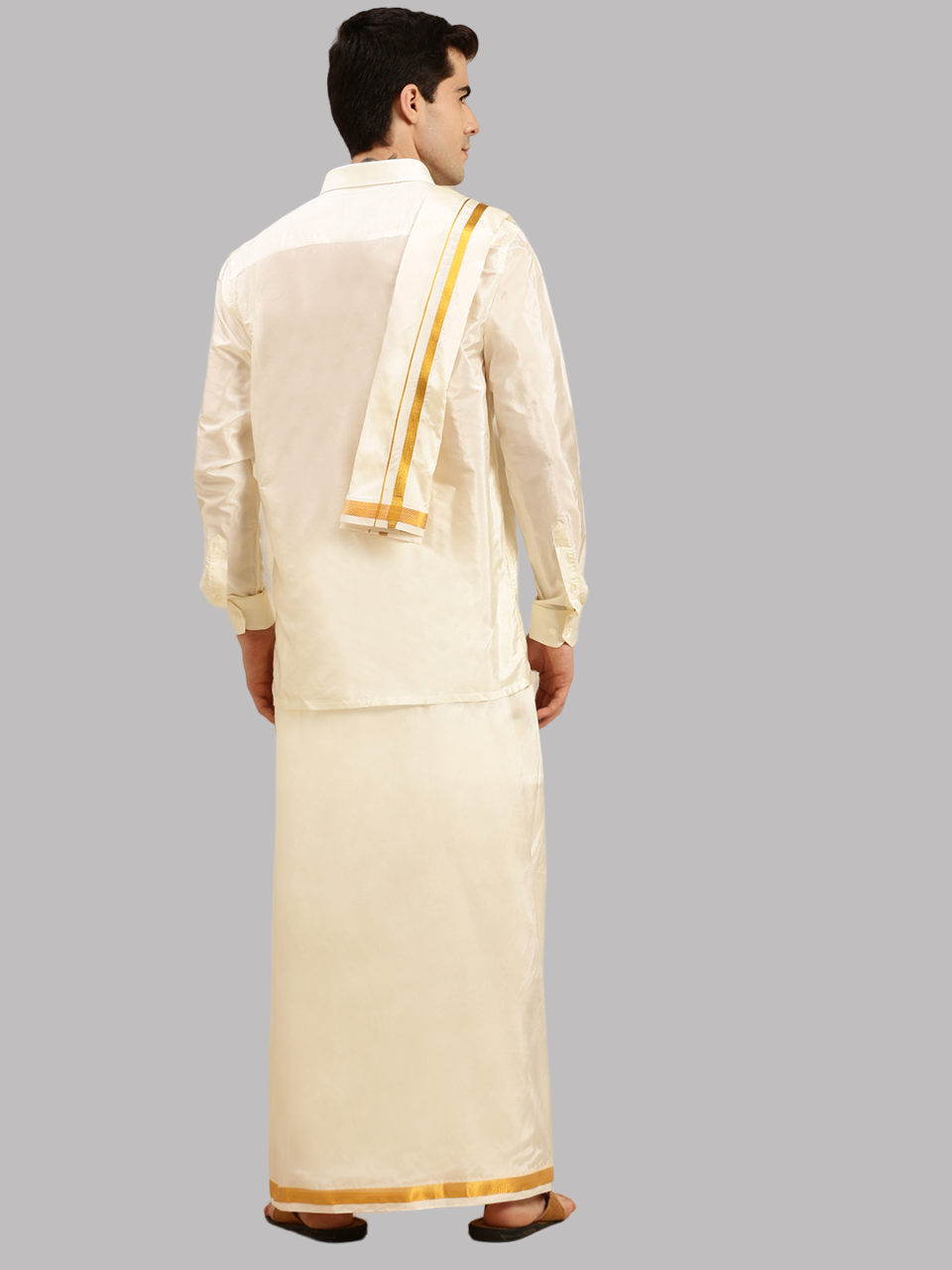 Mens Cream Art Silk Full Sleeves Shirt with Readymade Double Dhoti+Towel Combo-Back view