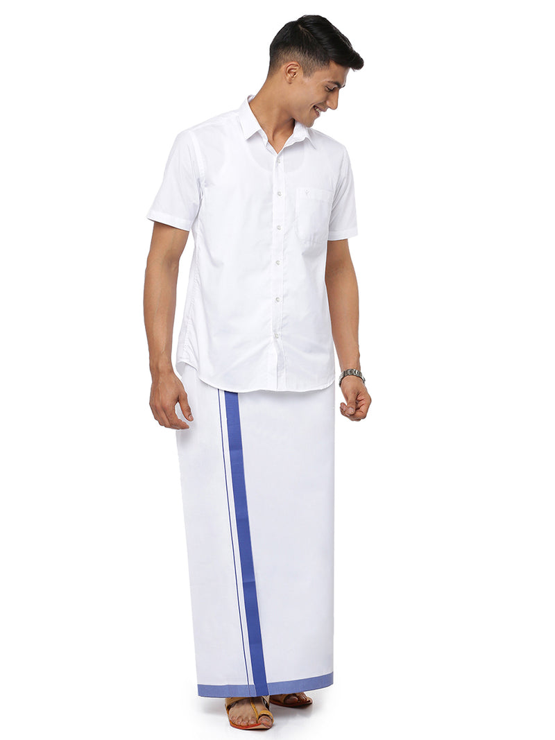 Mens Double Dhoti White with Fancy Border Redfort Special Royal Blue