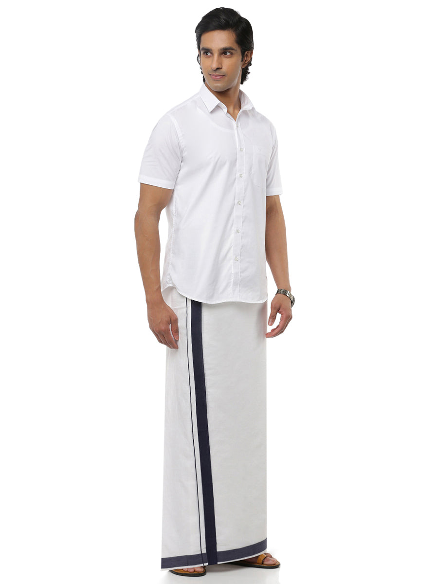 Mens Double Dhoti White with Fancy Border Panchami Spl Navy-Side view