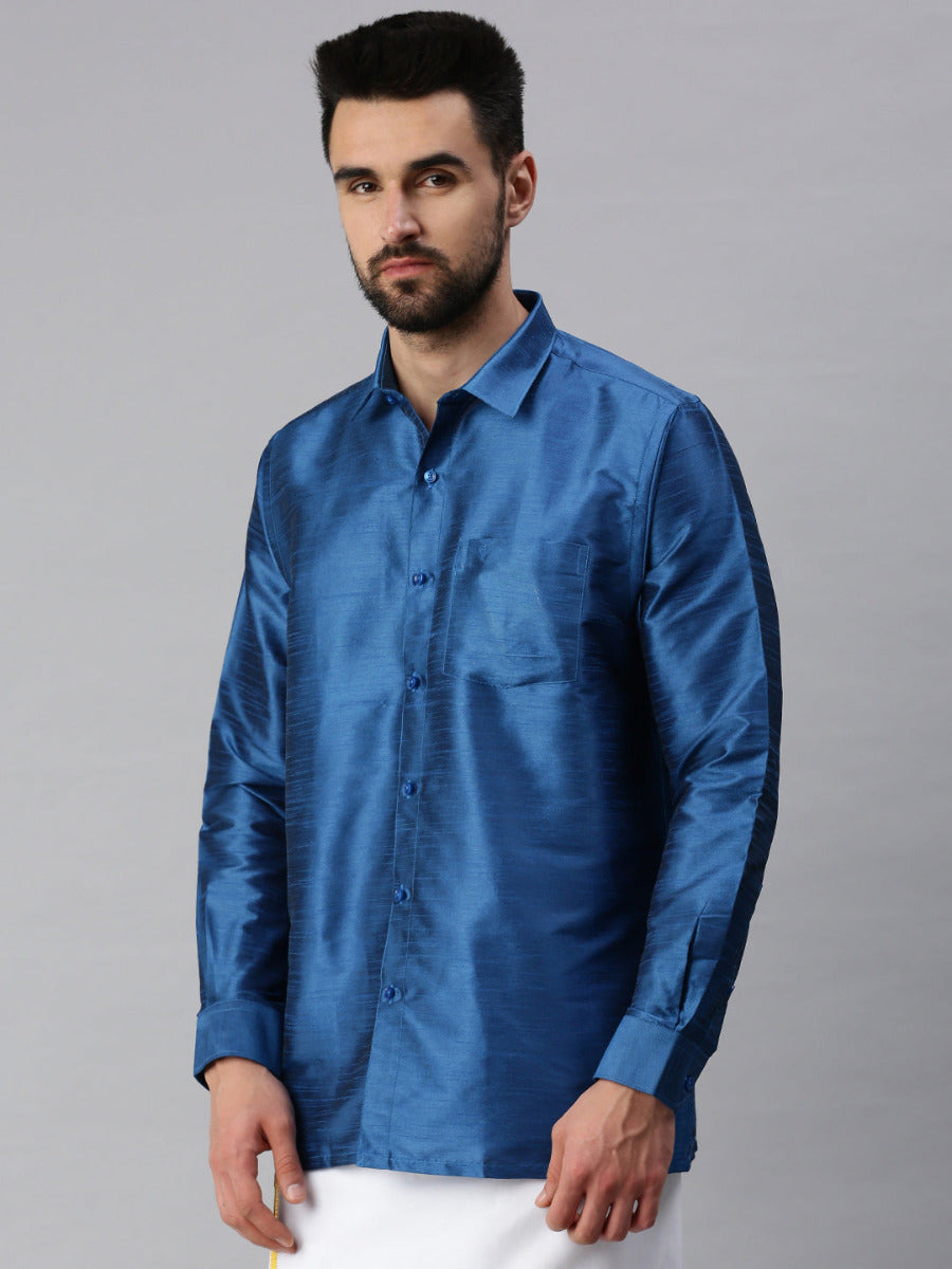 Silk Look Fancy Full Sleeves Blue Shirt with Jari Dhoti Combo SP9-Side view