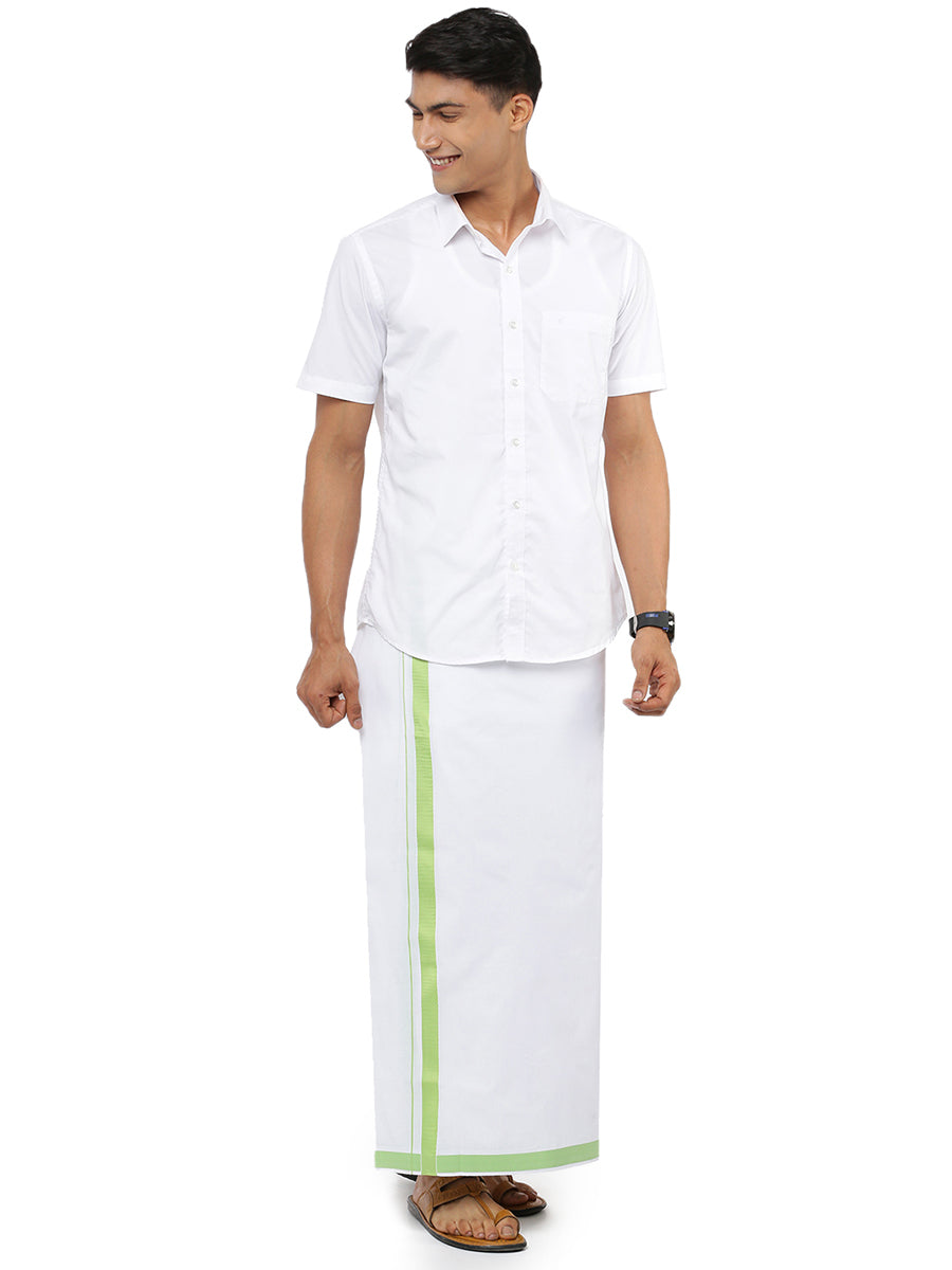 Mens Single Dhoti White Yuga Special Parrot Green-Front view