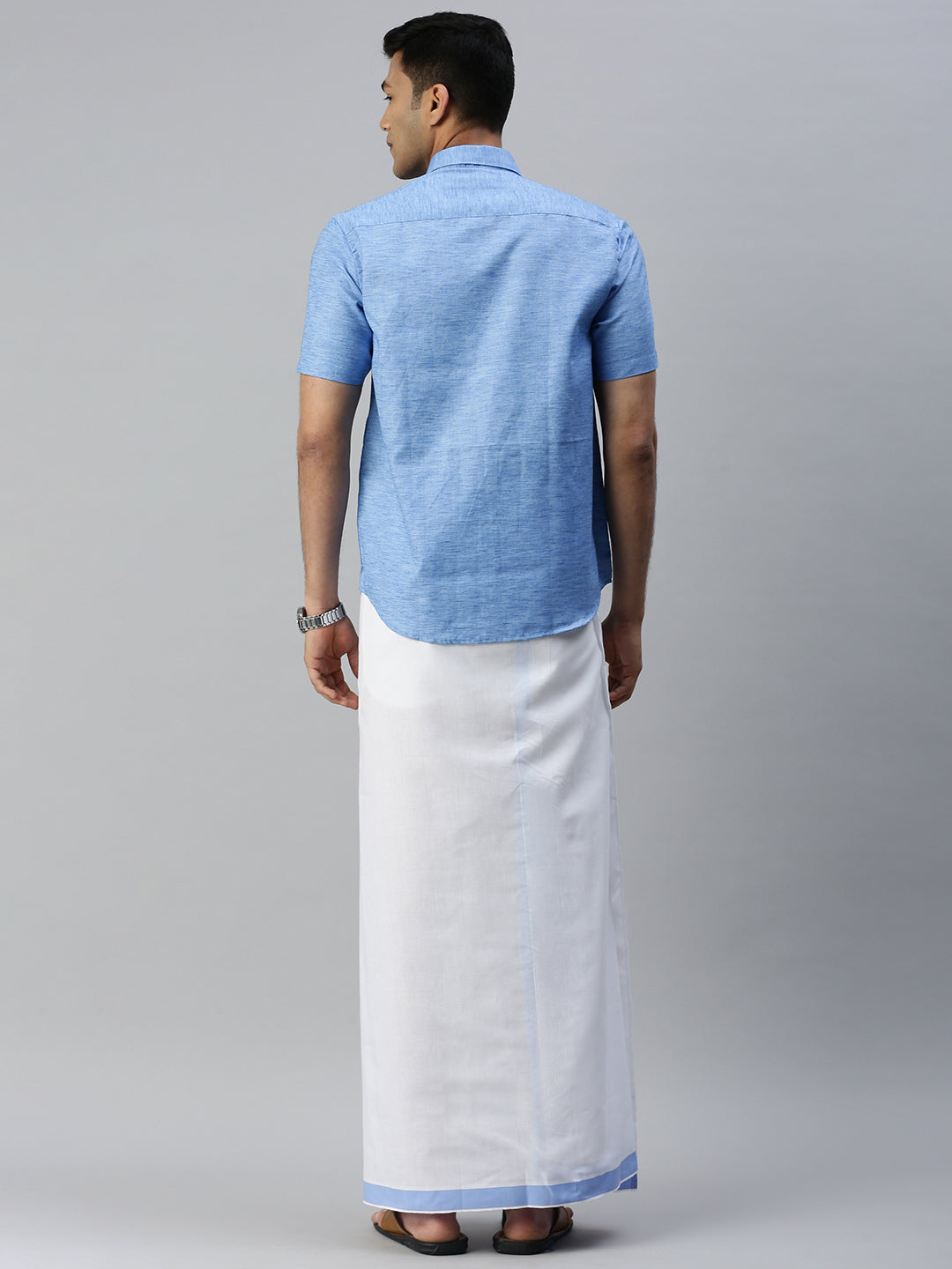 Mens Matching Border Adjustable Dhoti & Half Sleeves Shirt Set Blue CC9-Back view