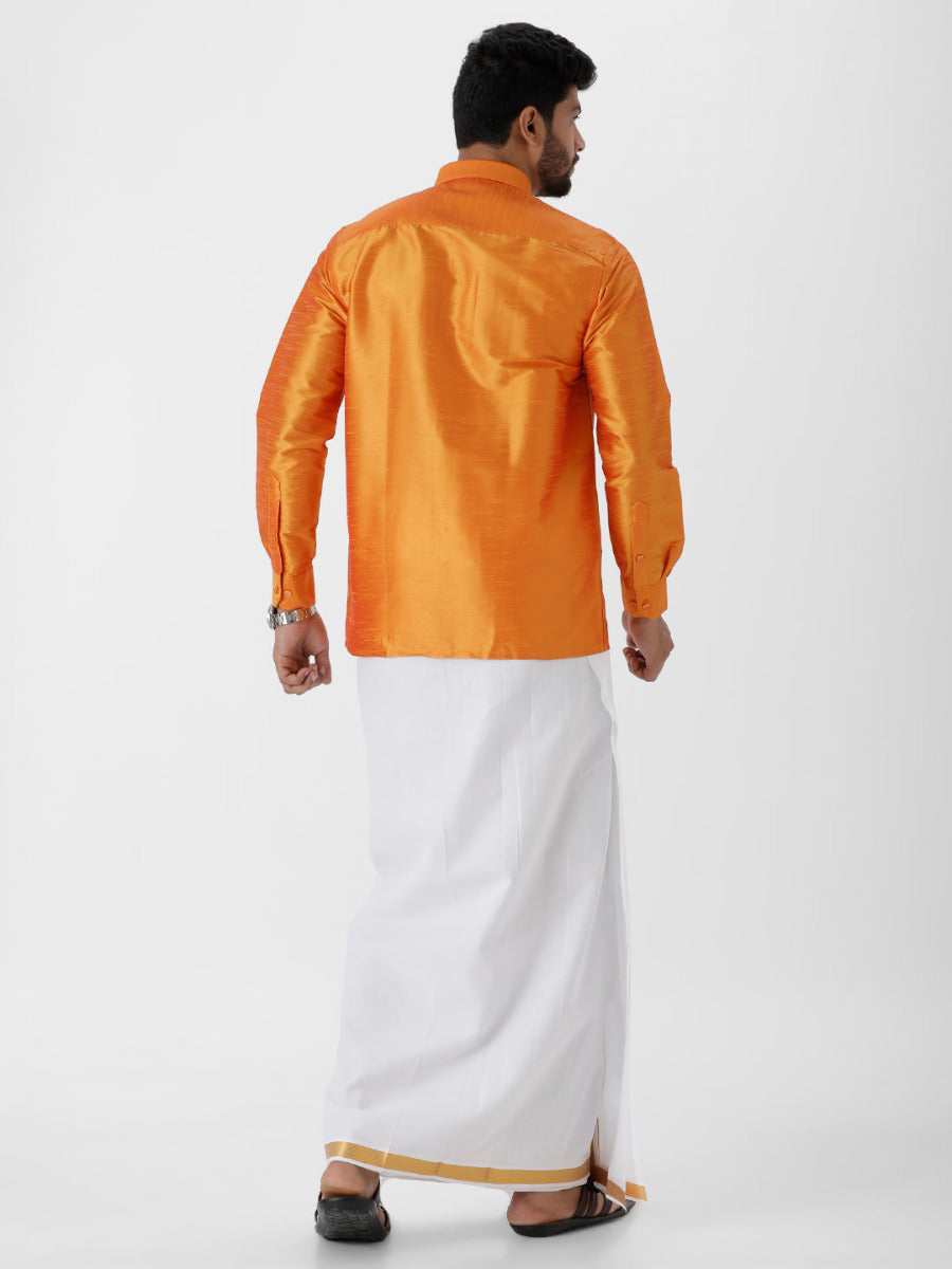 Silk Look Fancy Colour Full Sleeves Orange Shirt & Jari Dhoti Combo-Back view