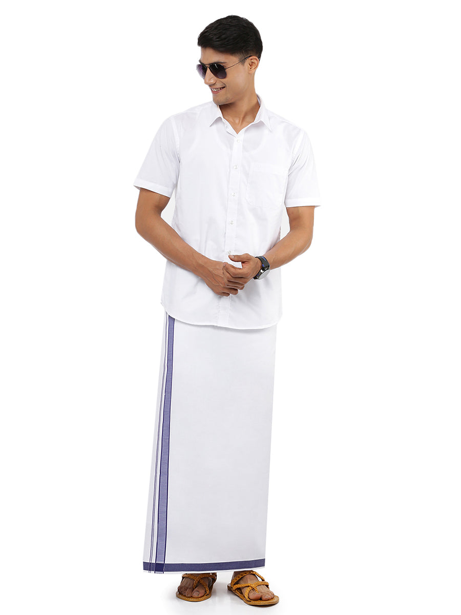 Mens Single Dhoti White with Fancy Border Art Navy-Front view