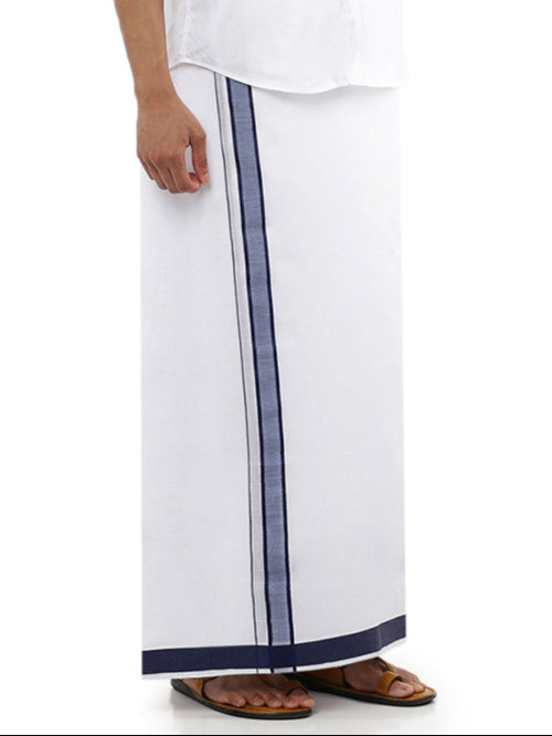 Mens Double Dhoti with Fancy Border Anchor Plain Navy-Front view