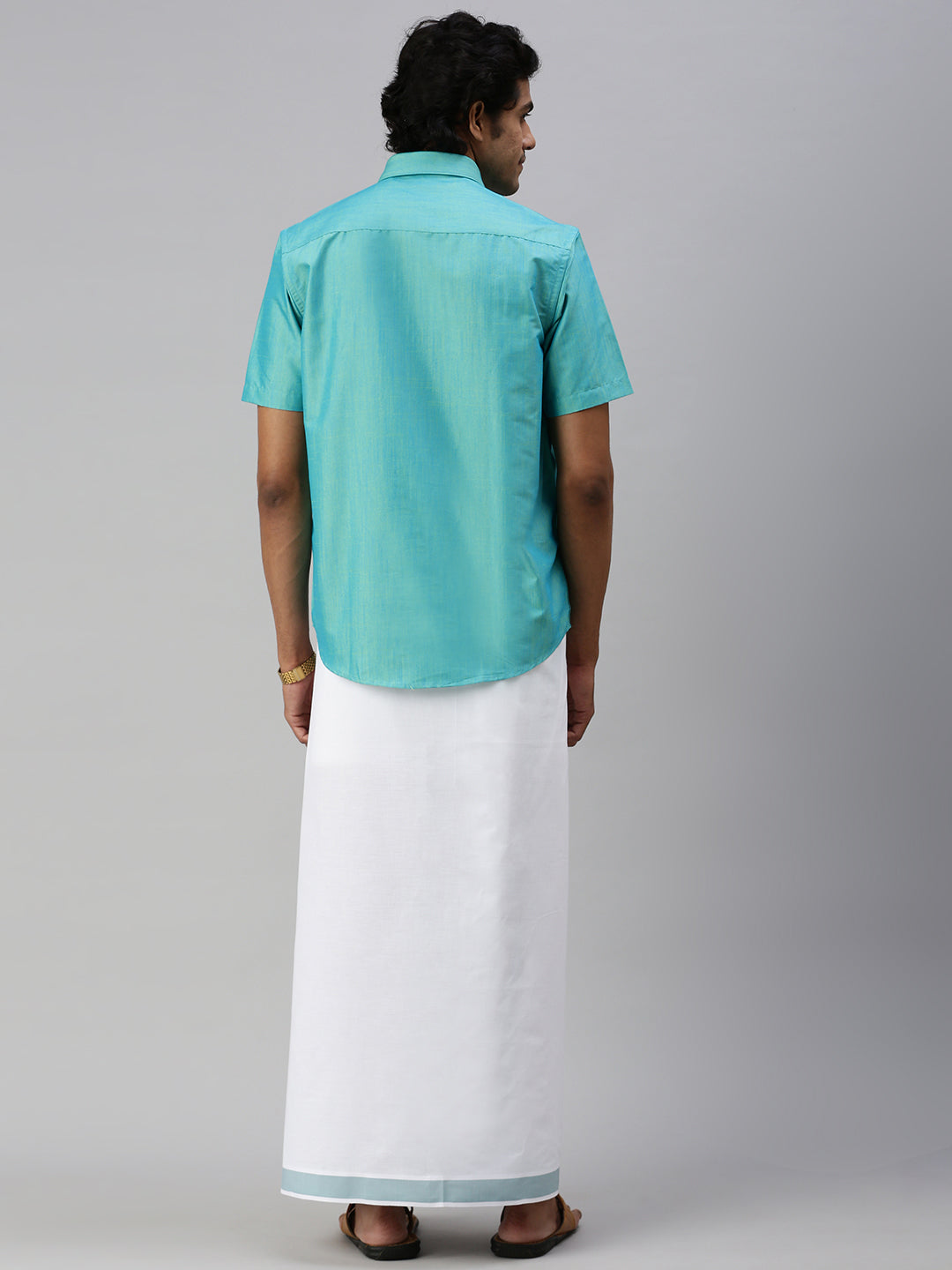 Mens Matching Jari Border Dhoti & Shirt Set Half Sleeve Blue VB8-Back view