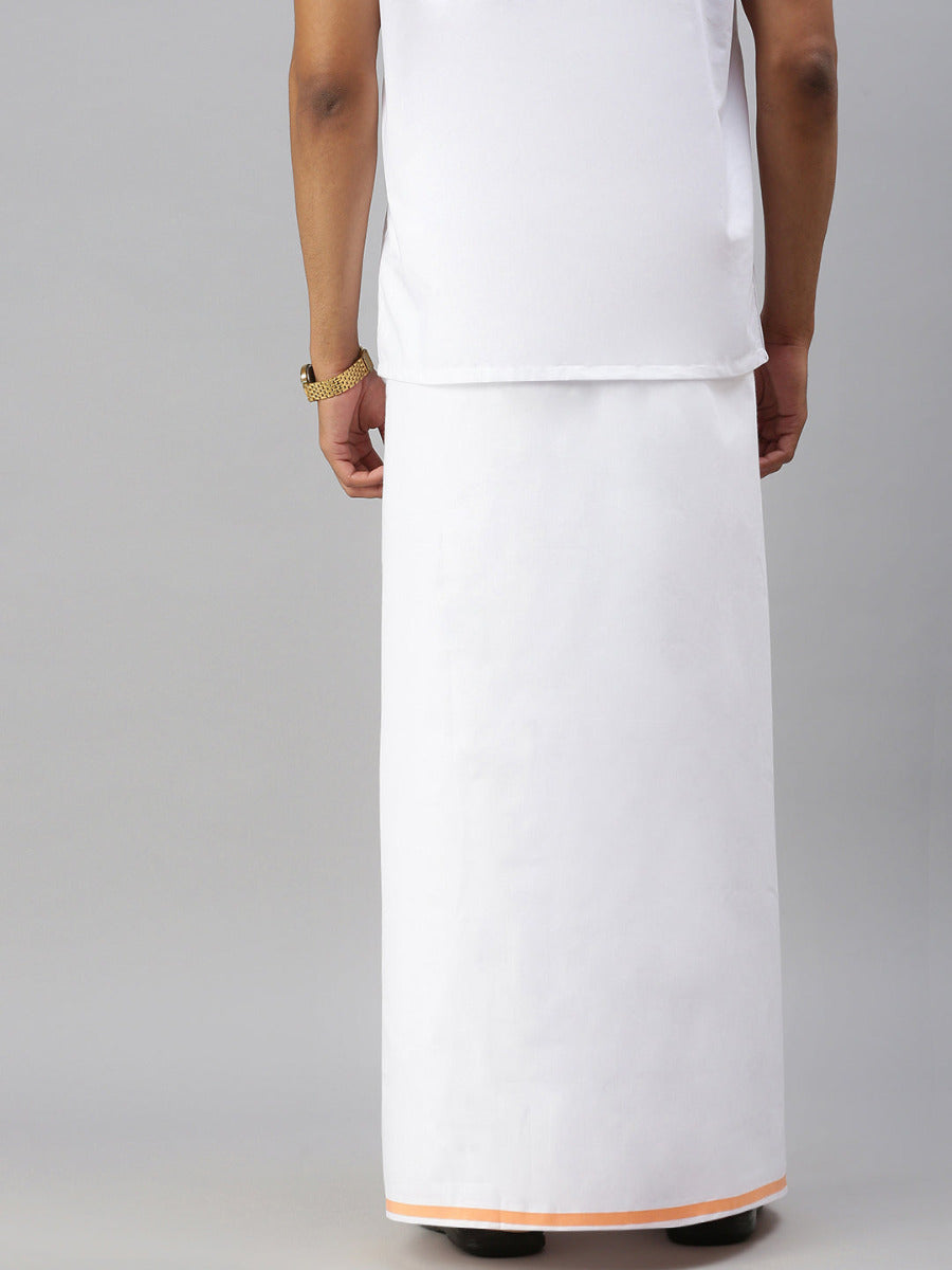 Mens Single Dhoti White with Small Border Eagle 2.25m Orange-Back view
