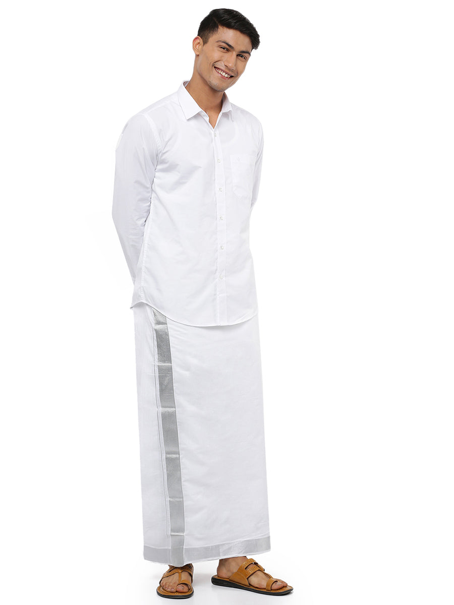 Mens Double Dhoti with Jari 2" Border Silver Earth-Full view
