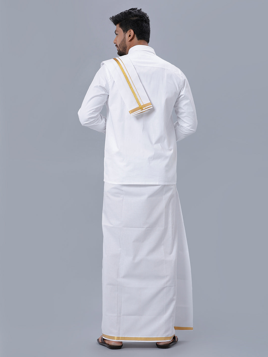 Mens Royal Cotton White Full Sleeves Shirt with 3/4''Jari Double Dhoti+Towel Combo-Back view
