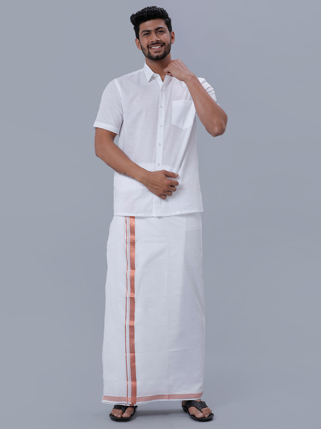 Mens Premium Cotton White Double Dhoti with 1'' Copper Jari Border Ribhu-Full view