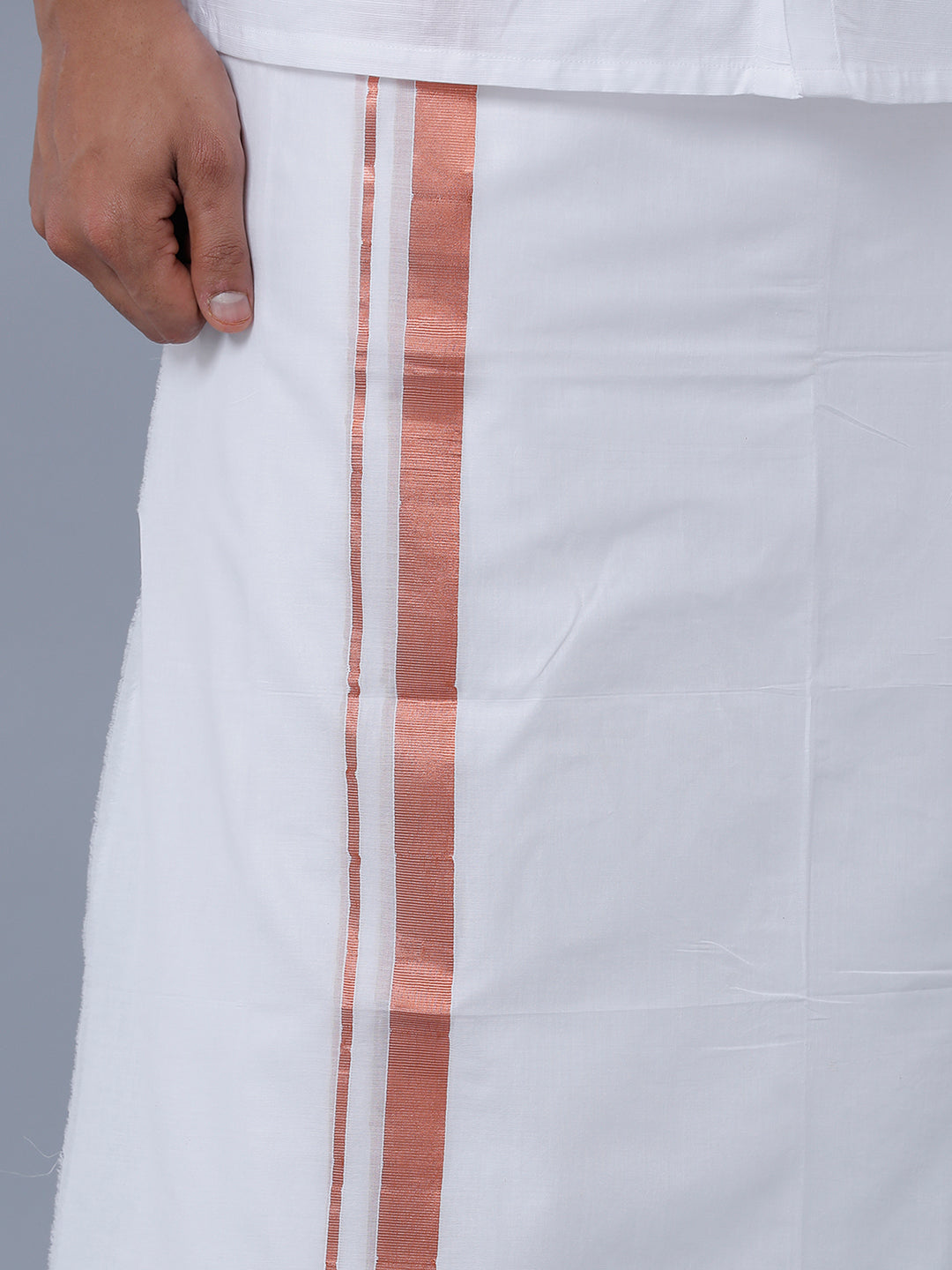Mens Premium Cotton White Double Dhoti with 1'' Copper Jari Border Ribhu-Zoom view