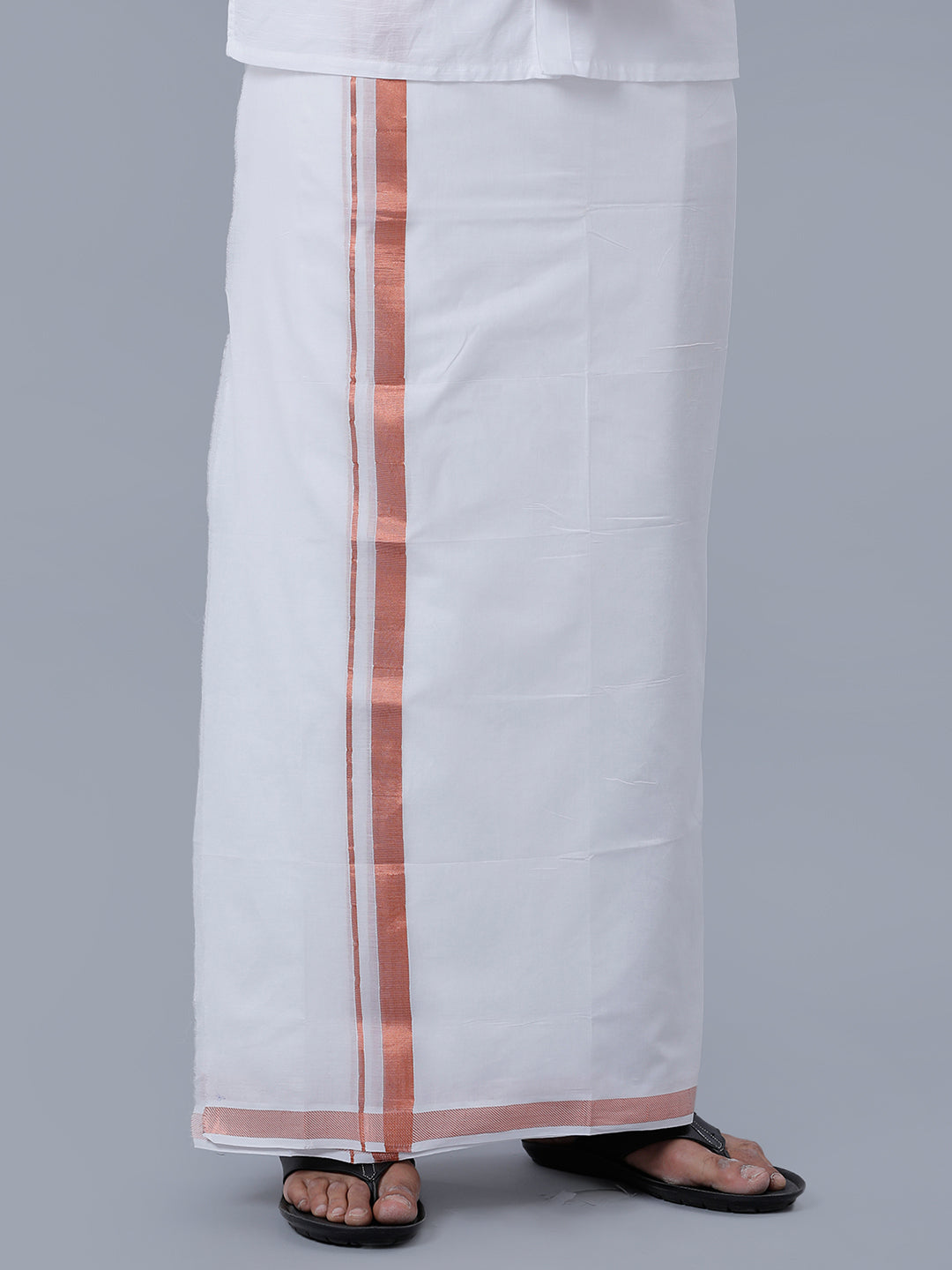 Mens Premium Cotton White Double Dhoti with 1'' Copper Jari Border Ribhu-Front view