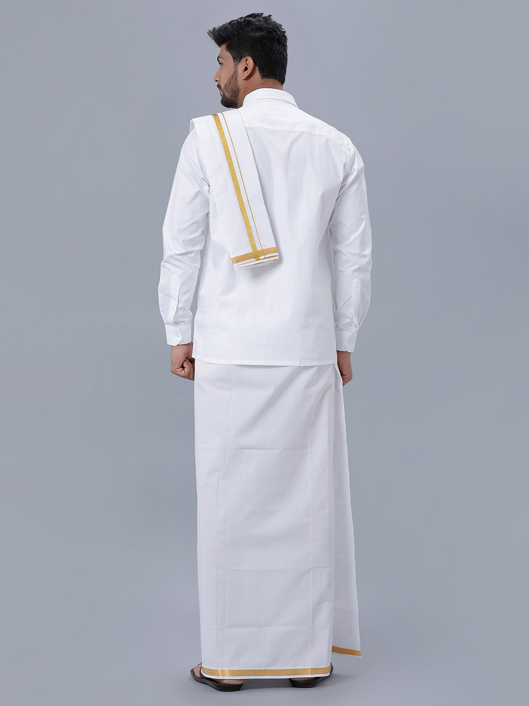 Mens Wrinkle Free White Full Sleeves Shirt, Double Dhoti, Towel & Belt Combo-Back view