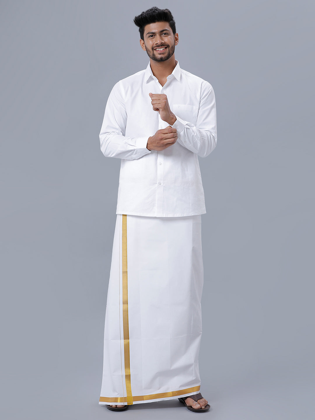 Mens Pure Cotton White Full Sleeves Shirt with 1'' Gold Jari Single Dhoti Combo