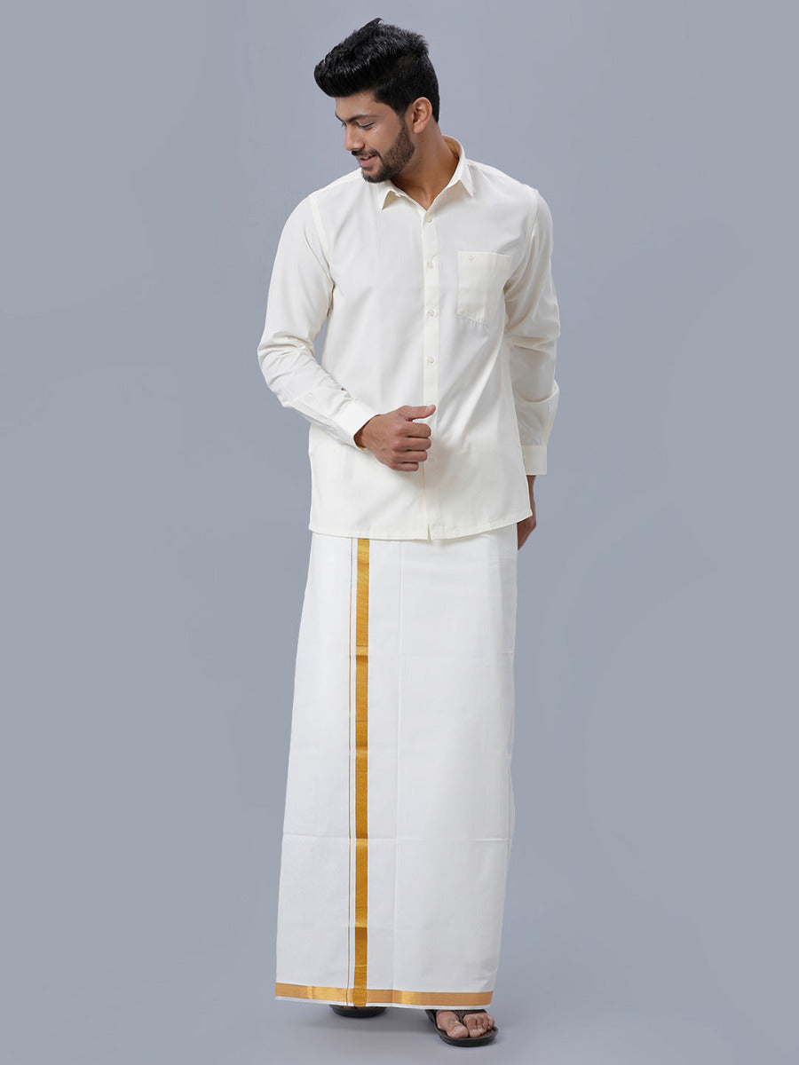 Mens Cream Cotton Full Sleeves Shirt with Gold Jari 3/4" Double Dhoti Combo