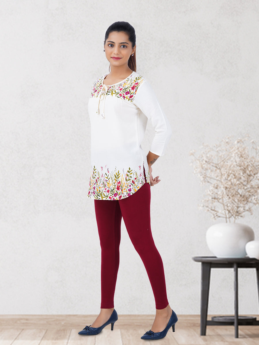 Ankle Fit Mixed Cotton with Spandex Stretchable Leggings Maroon -Full view