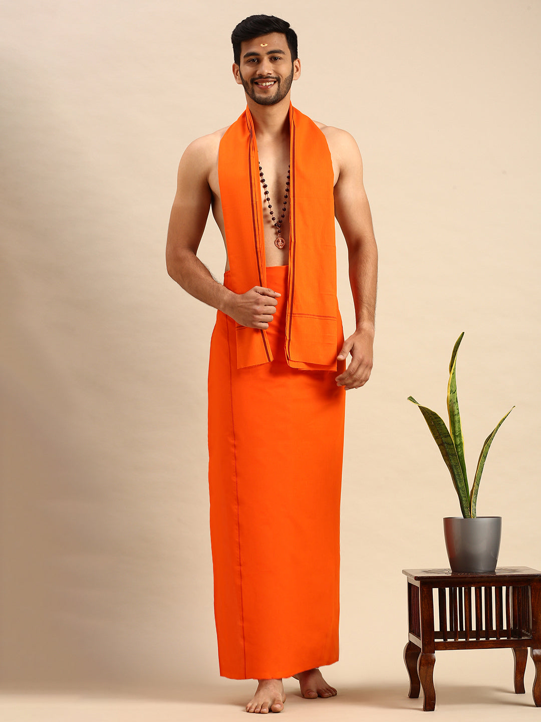 Mens Color Dhoti with Small Border Golden Orange-Front view