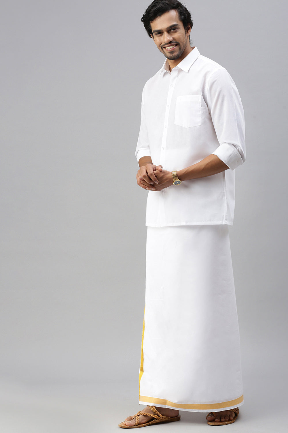 Mens Cotton Mixed Full Sleeves White Shirt Samrat -Full view