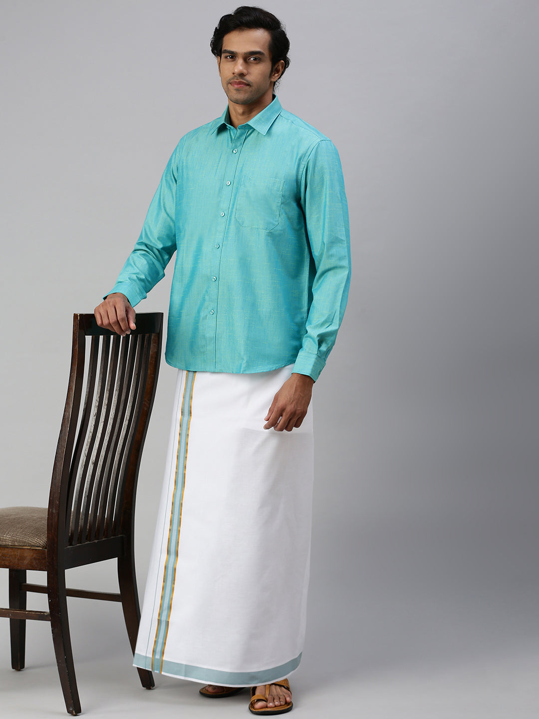 Mens Matching Jari Border Dhoti & Shirt Set Full Sleeve Blue VB8-Full view