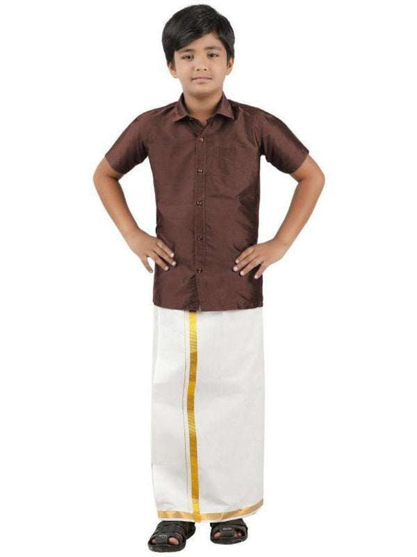 Boys Silk Cotton Shirt with Dhoti Set Brown -  Ramraj Cotton