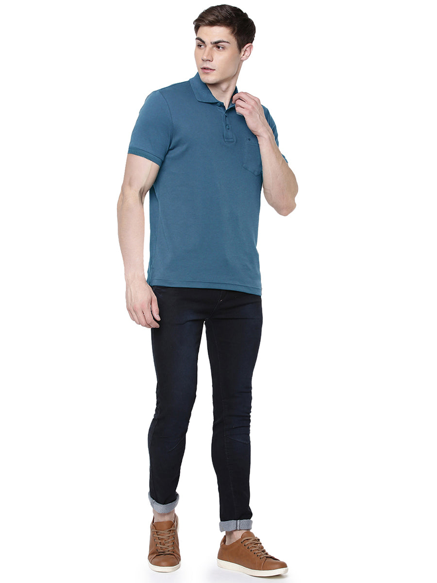 Super Combed Cotton Polo T-Shirt Peacock Blue with Chest Pocket-Full view