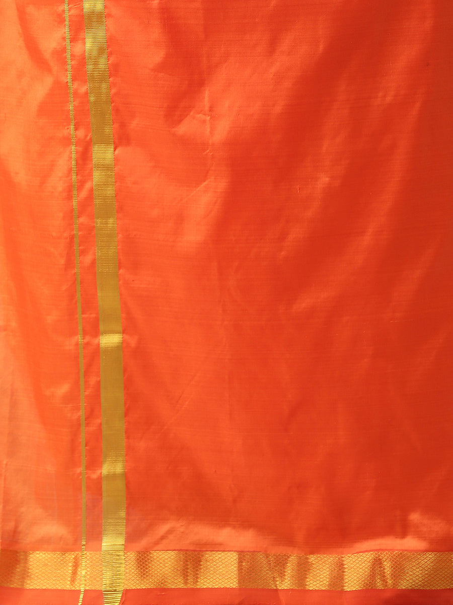 Mens Pure Silk 1" Double Dhoti & Towel Thirukalyan Orange-Bottom view