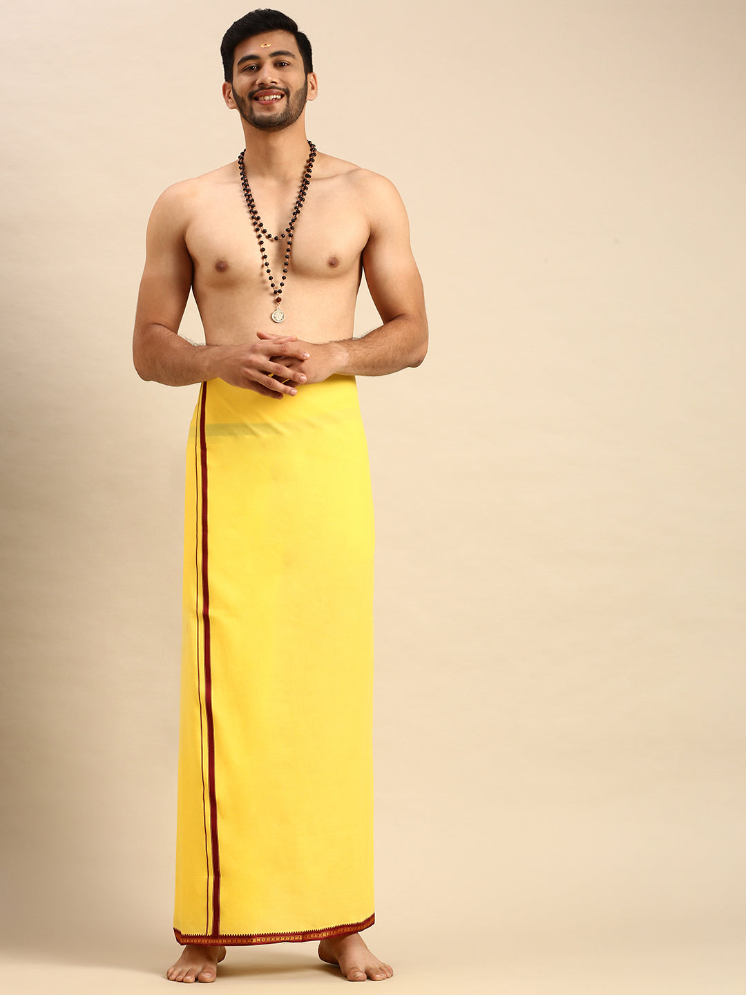 Mens Color Dhoti with Big Border Mercury Yellow-Front view