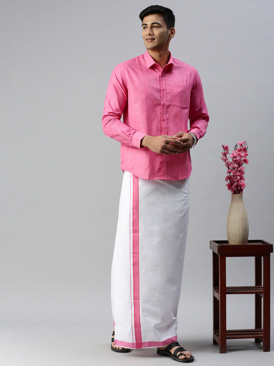 Mens Matching Border Adjustable Dhoti & Full Sleeves Shirt Set Pink CC10