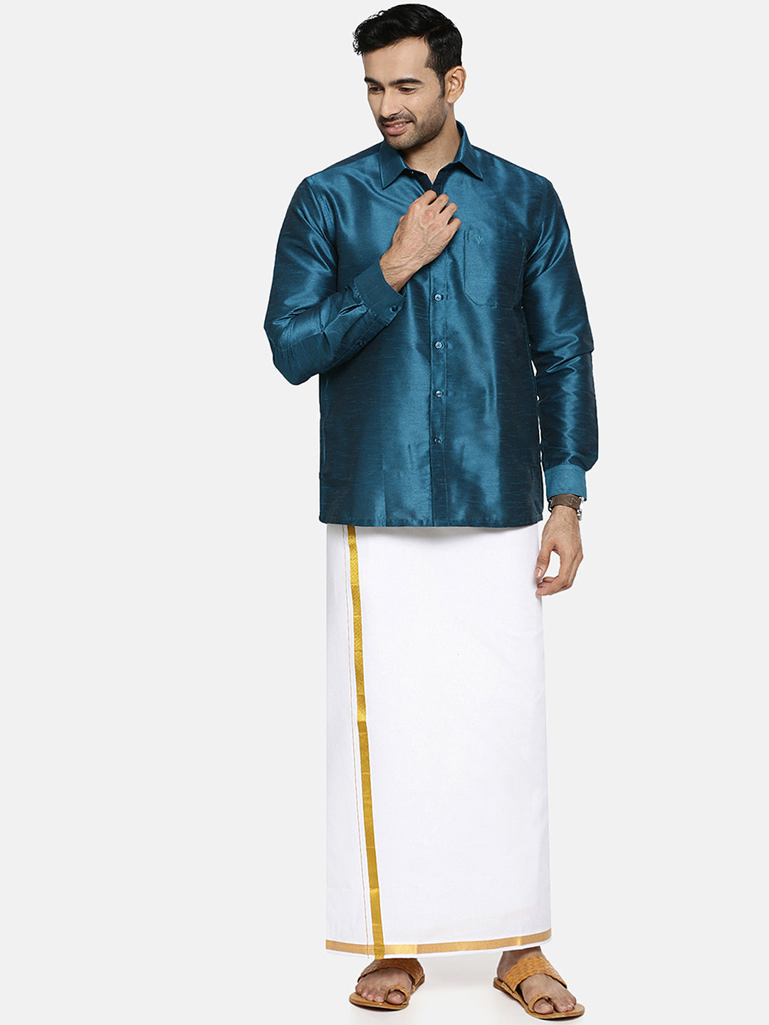 Silk Look Fancy Colour Full Sleeves Blue Shirt with Jari Dhoti Combo