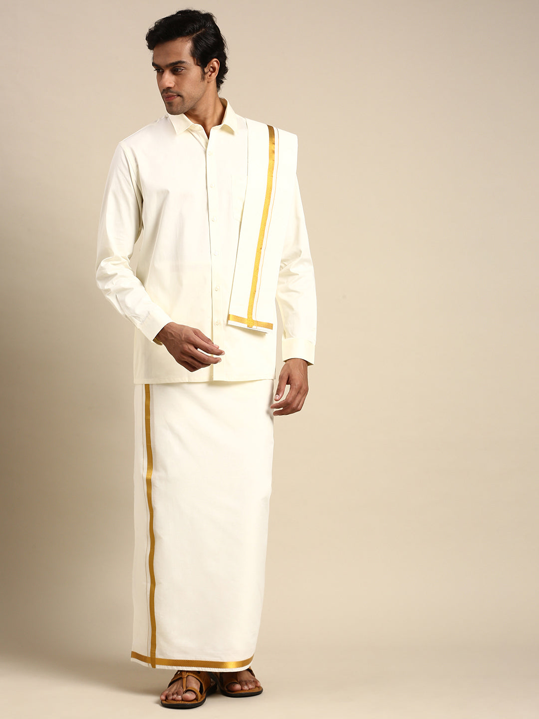 Mens Cream Full Sleeves Shirt 1" Gold Jari Adjustable Double Dhoti+Towel Combo
