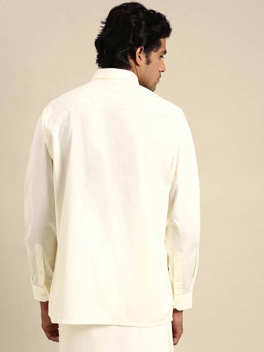 Mens Cream Cotton Gold Jari 1" Double Dhoti with Full Sleeves Shirt Combo-Back view