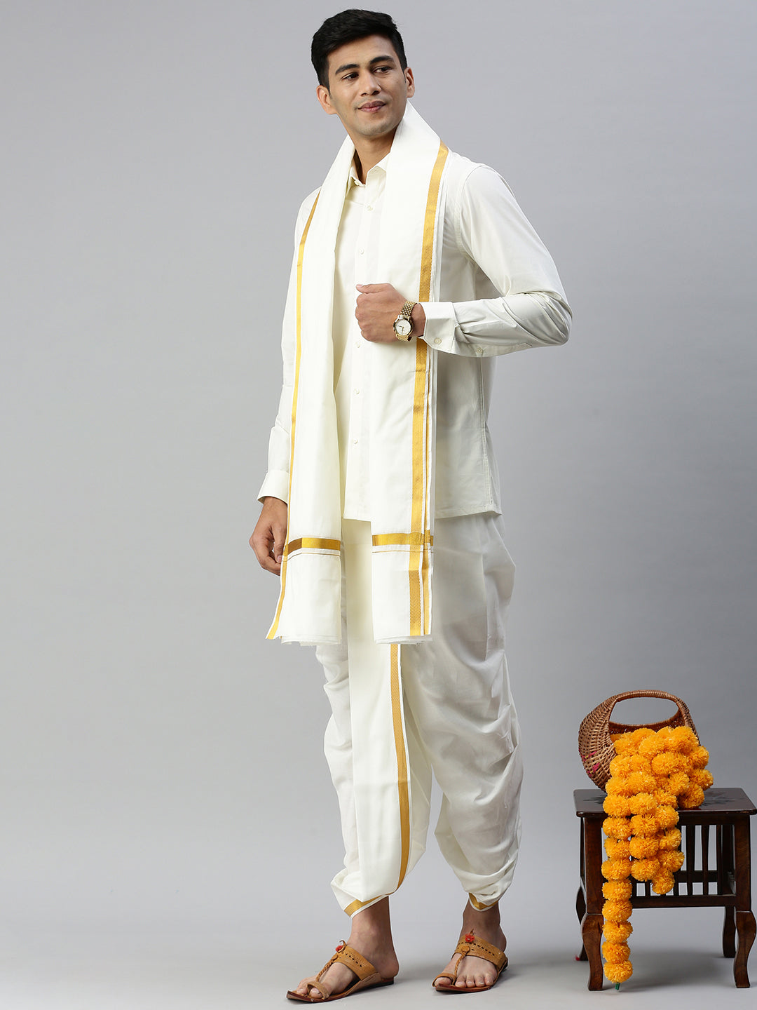 Mens Cream Shirt with Readymade Panchakacham Angavastram Set 3/4" Aashan