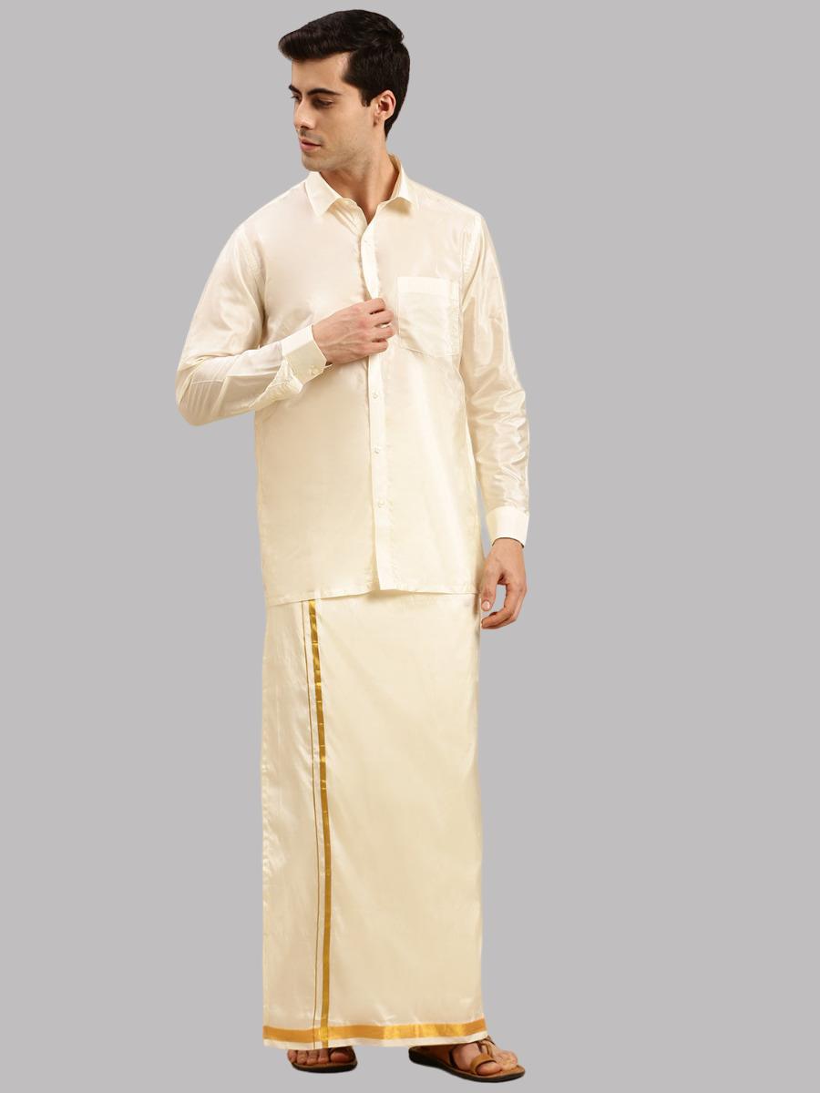 Mens Cream Art Silk Full Sleeves Shirt with Readymade Double Dhoti Combo