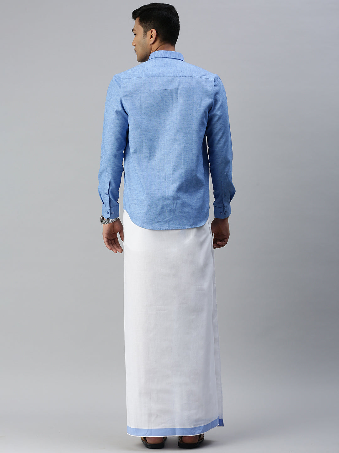 Mens Matching Border Adjustable Dhoti & Full Sleeves Shirt Set Blue CC9-Back view