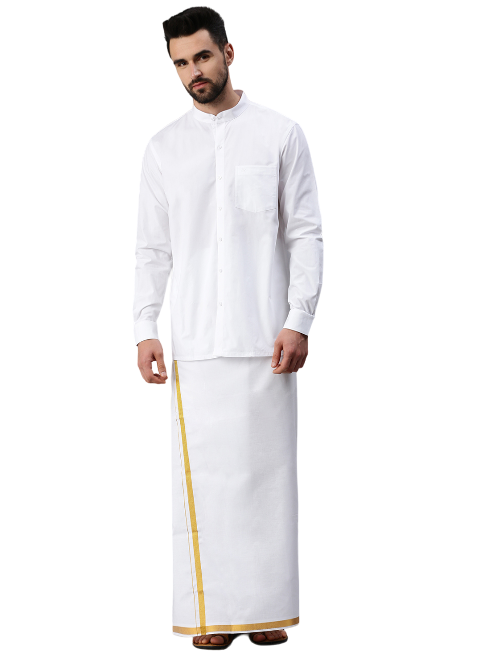 Mens 100% Cotton White Shirt Full Sleeves Chinese Collar-Full view