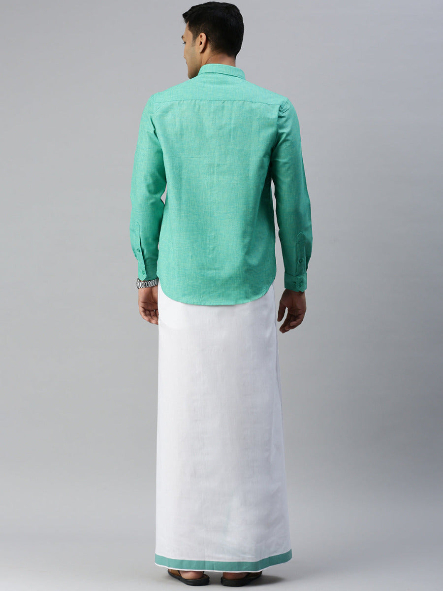 Mens Matching Border Adjustable Dhoti & Full Sleeves Shirt Set Green CC7-Back view\