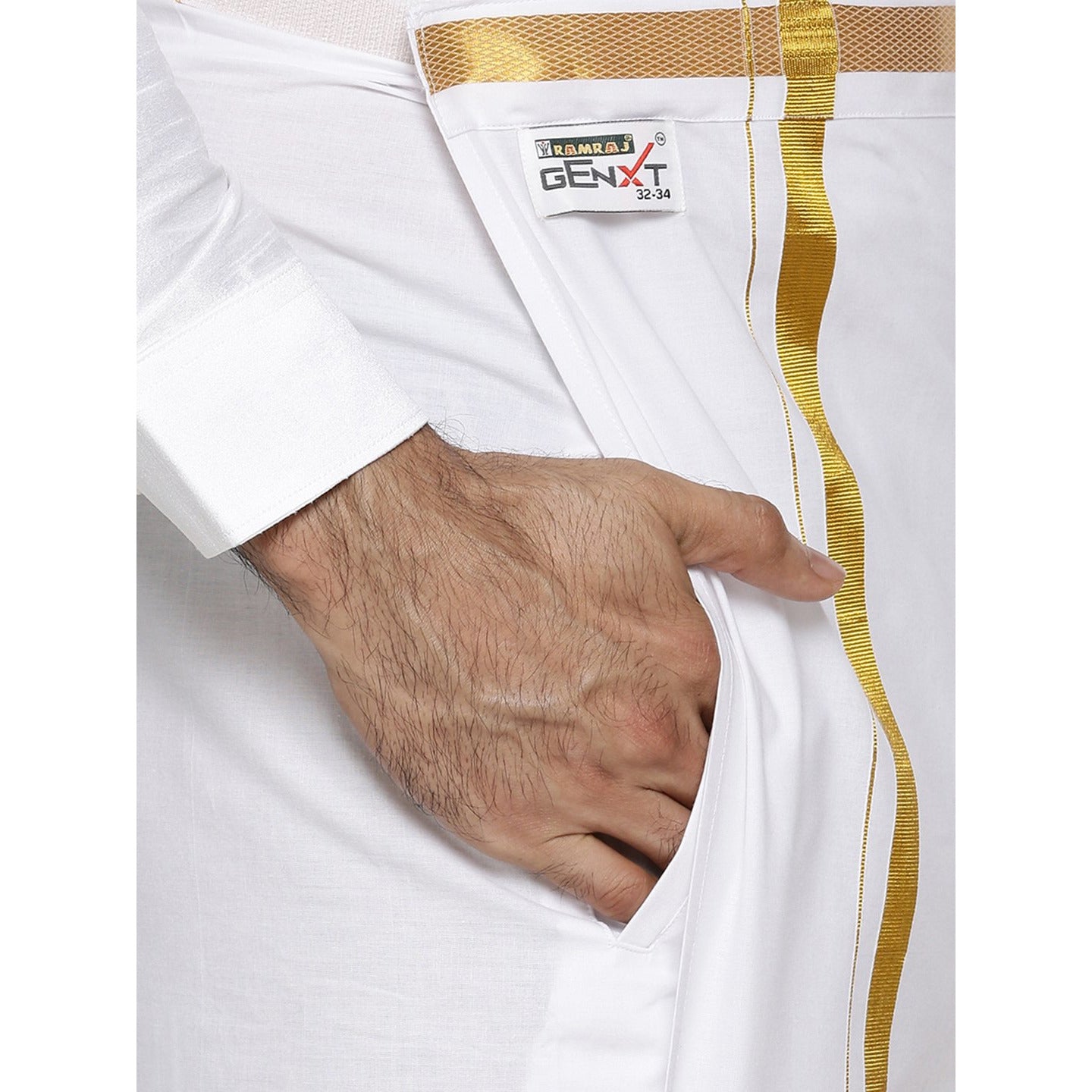 Mens Readymade Dhoti White with Gold Jari 3/4" M146-Pocket view