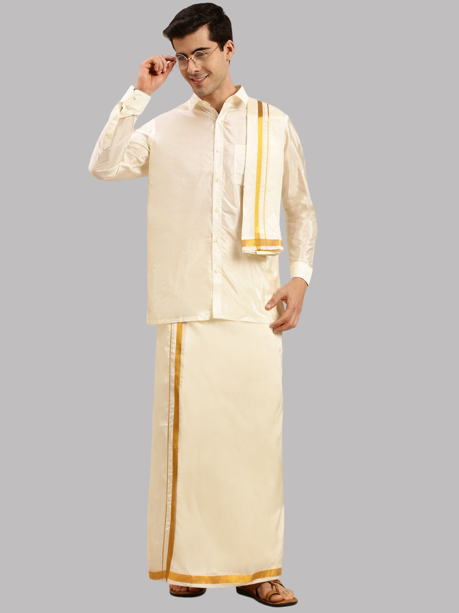 Mens Cream Art Silk Full Sleeves Shirt with Readymade Double Dhoti+Towel Combo
