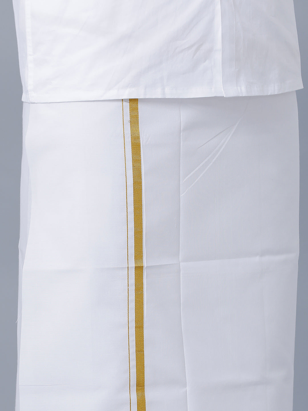 Mens Royal Cotton White Full Sleeves Shirt with 1/2'' Gold Jari Double Dhoti Combo-Bottom view