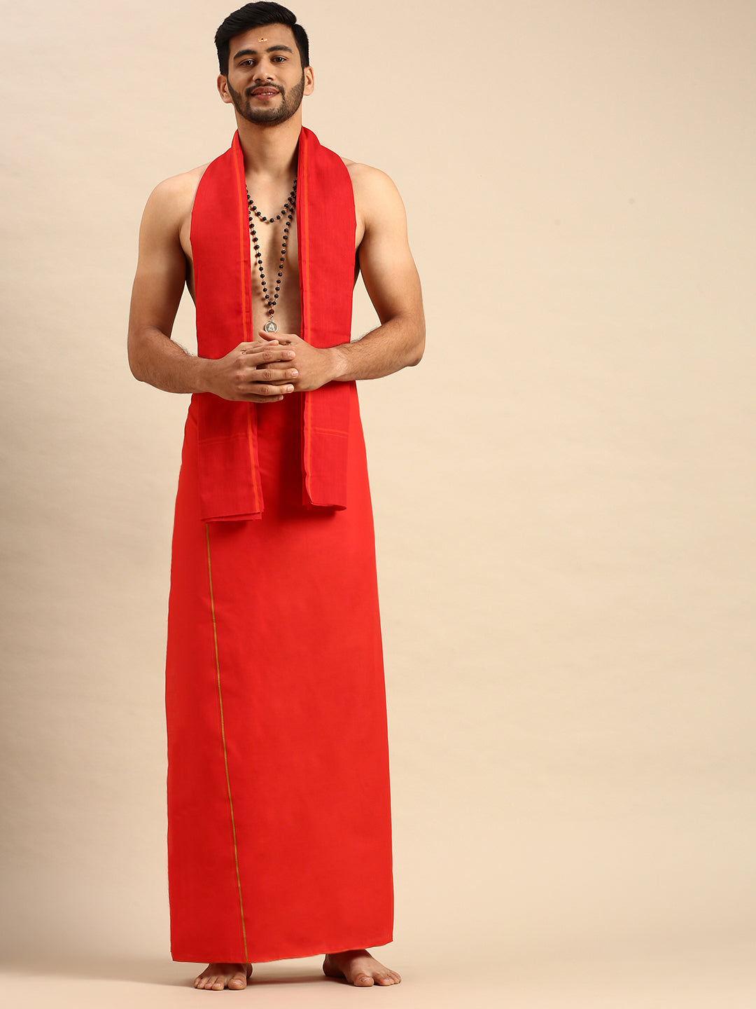 Mens Devotional Dhoti & Towel Set Golden Red-Front view